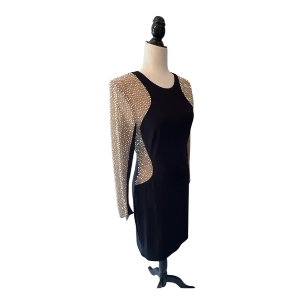Y2K style Xscape Black Dress with Rhinestone Silver Accents bodycon mesh cutout